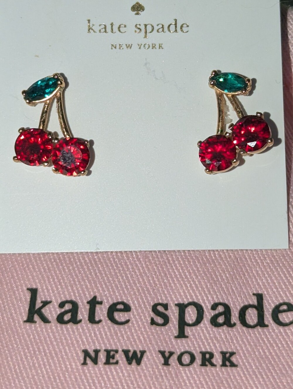 NWT kate spade Ma Cherie 🍒 Crystal Stud Earrings with Red + Green crystals.